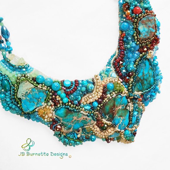 Turquoise Beaded Embroidery Statement Free-form Bib Necklace, Handmade Jewelry - Picture 3 of 10